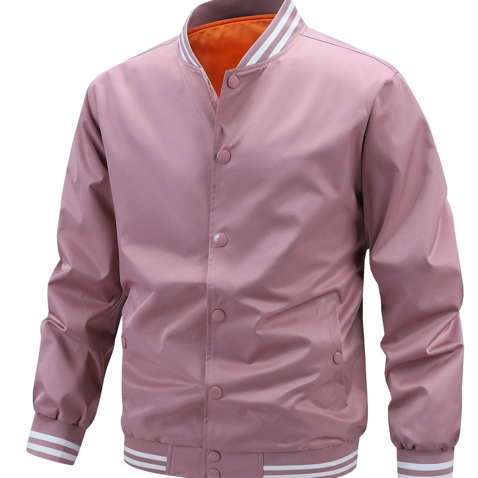 Men’s Plus Size Lightweight Varsity Jacket, Polyester Preppy Style with Striped Accents, Baseball Collar & Button-Up Design with Pockets