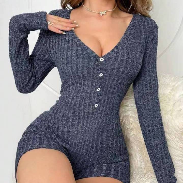 Rib Knit Long Sleeve Jumpsuit Slim Fit Short Length Relaxed Waist