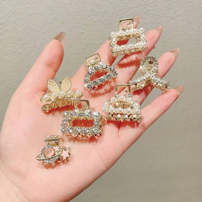 Women's 5-Piece Boho Hair Claw Clip Set, Small Alloy Clips with Faux Pearls and Rhinestones, Non-Slip Strong Grip for Daily Wear and Parties