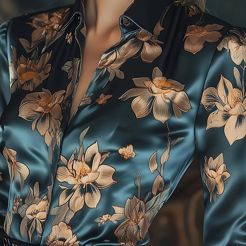 Elegant Satin Shirt with Lapel Collar and Tapered Waist