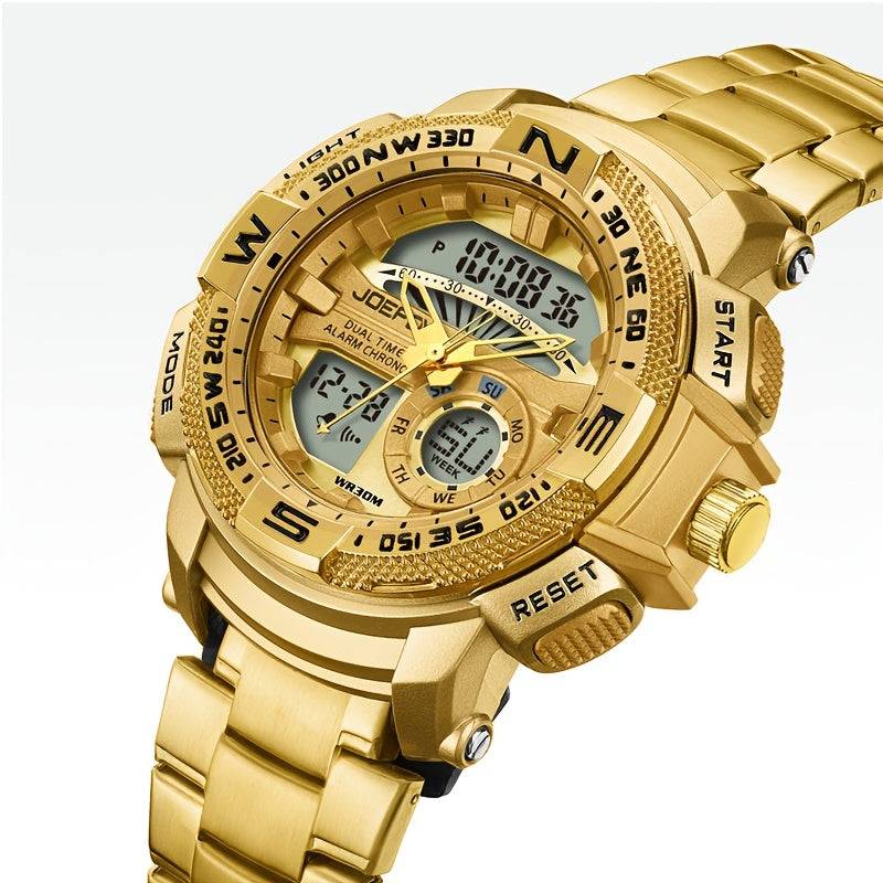 Men’s Gold-Tone Sport Watch – Dual Digital & Analog Display, LED Face, Stainless Steel Band, Stopwatch, Alarm & Calendar Function