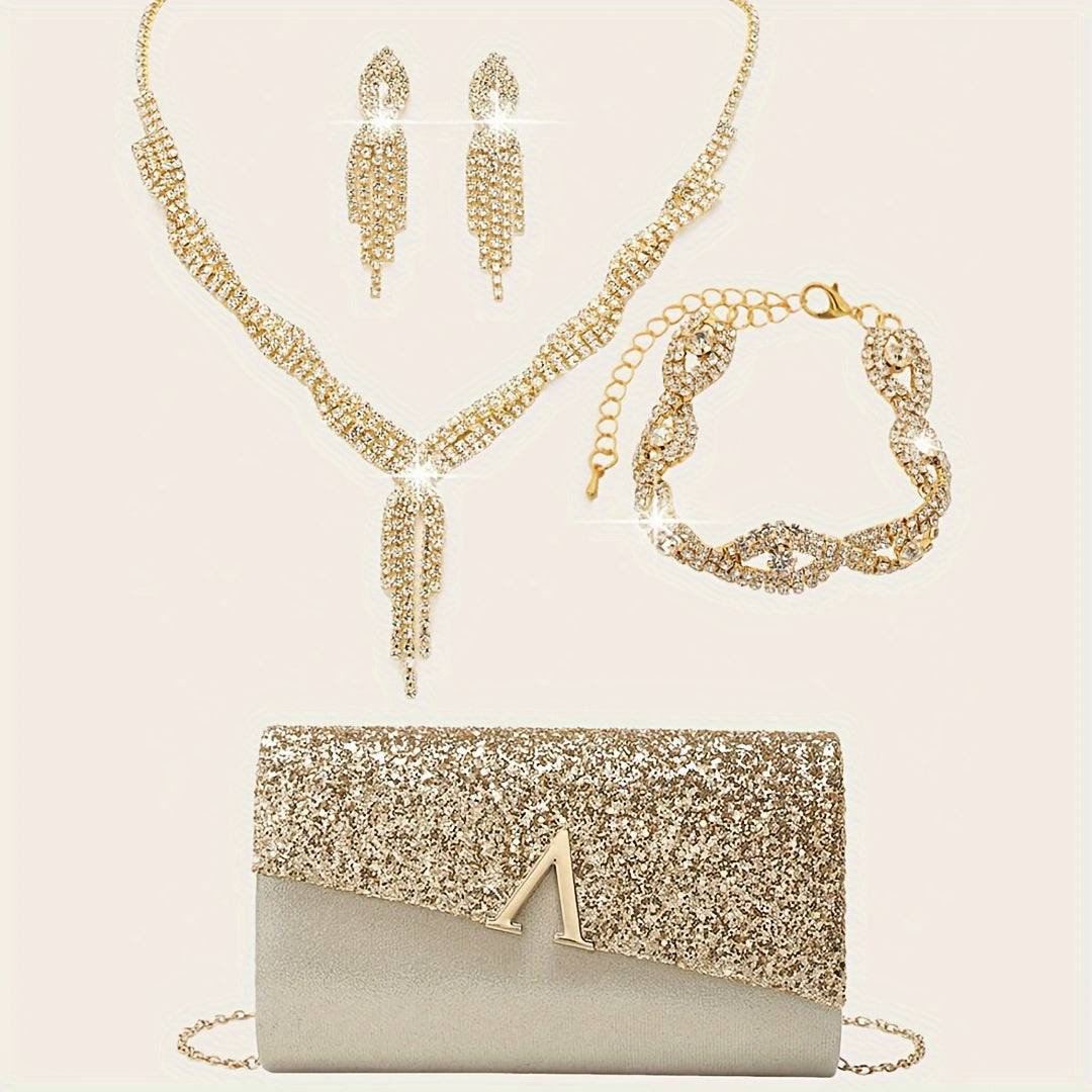 4pcs Elegant Dinner Set – Glossy Flip Cover Clutch Bag with Rhinestone Earrings, Necklace & Bracelet for Weddings and Formal Events