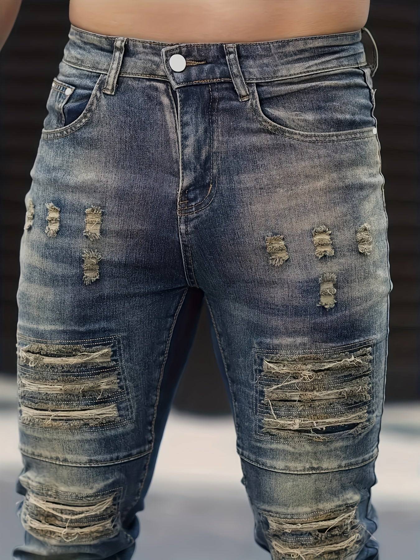 Men’s Slim Fit Stretch Denim Jeans Dark Blue Ripped Design Crafted Distressed Look for All-Season Wear