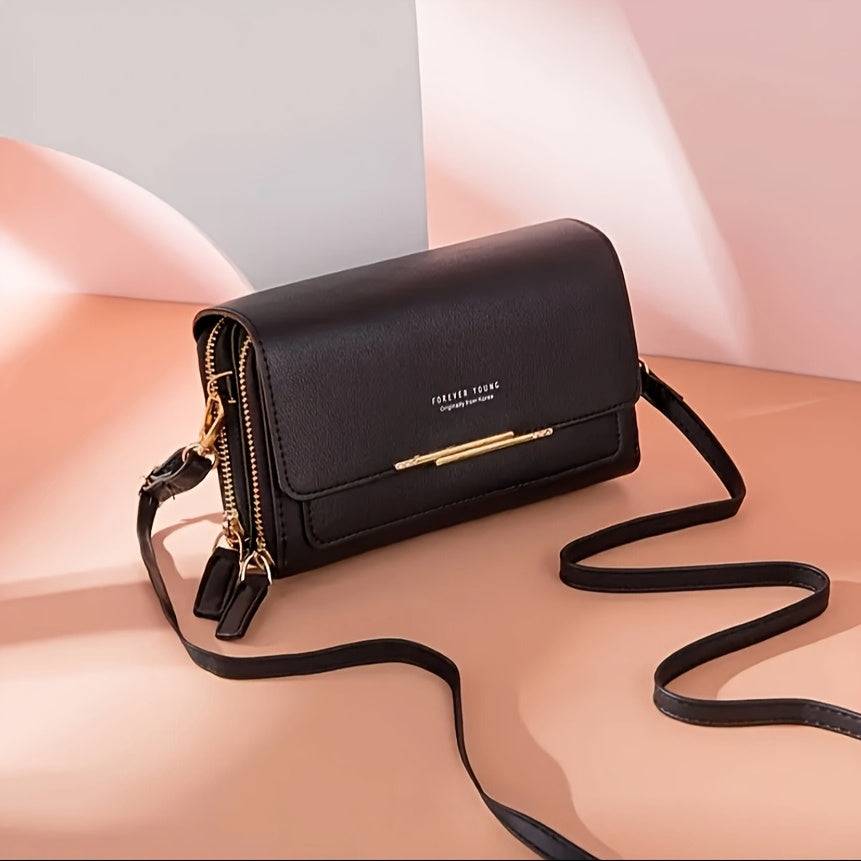 Women’s Square Crossbody Bag with Double Zipper Multi-Compartment PU Shoulder Bag with Card Slots & Detachable Strap for Phone, Coins & Daily Essentials