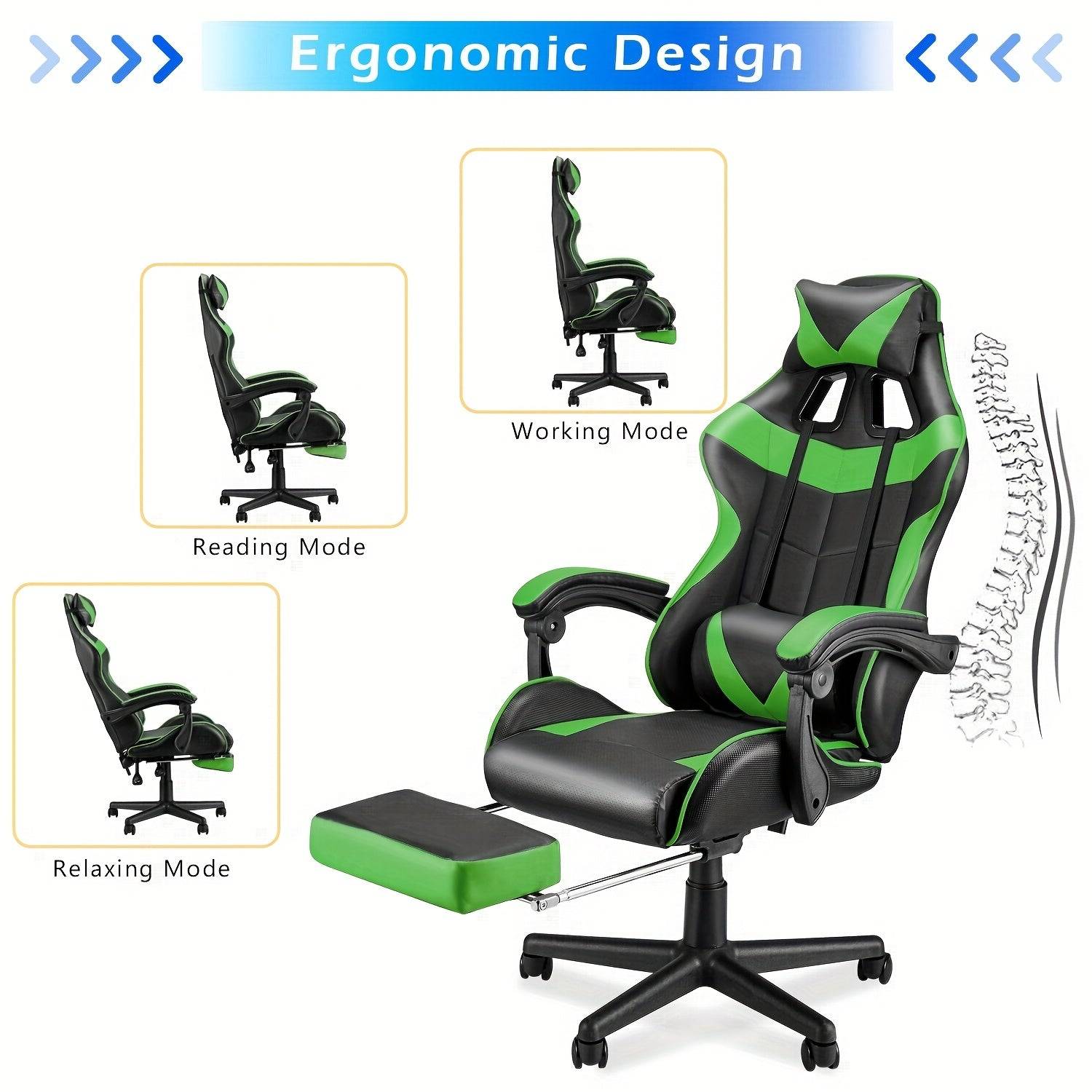 Green ergonomic gaming chair with massage shown in working, reading, and relaxing modes with lumbar spine support illustration.