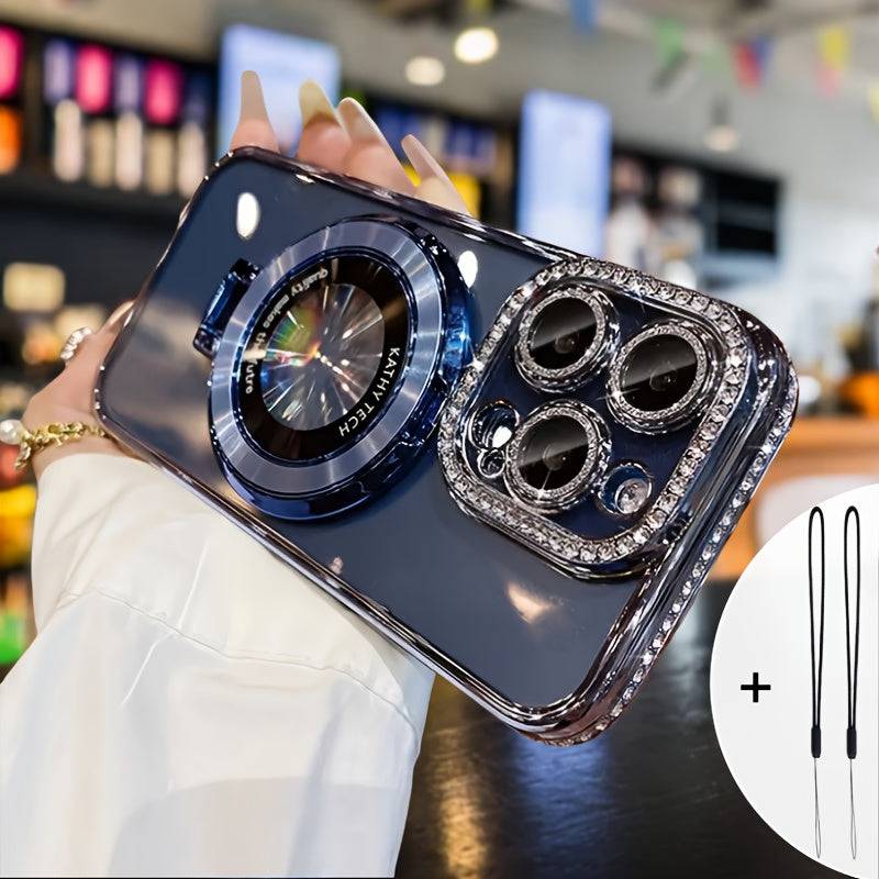 Luxury Magnetic iPhone Case with Diamond Frame – Lens Film, Stand Support & Dual Lanyards, Shockproof Cover for iPhone 14 to 16 Plus, Pro & Pro Max
