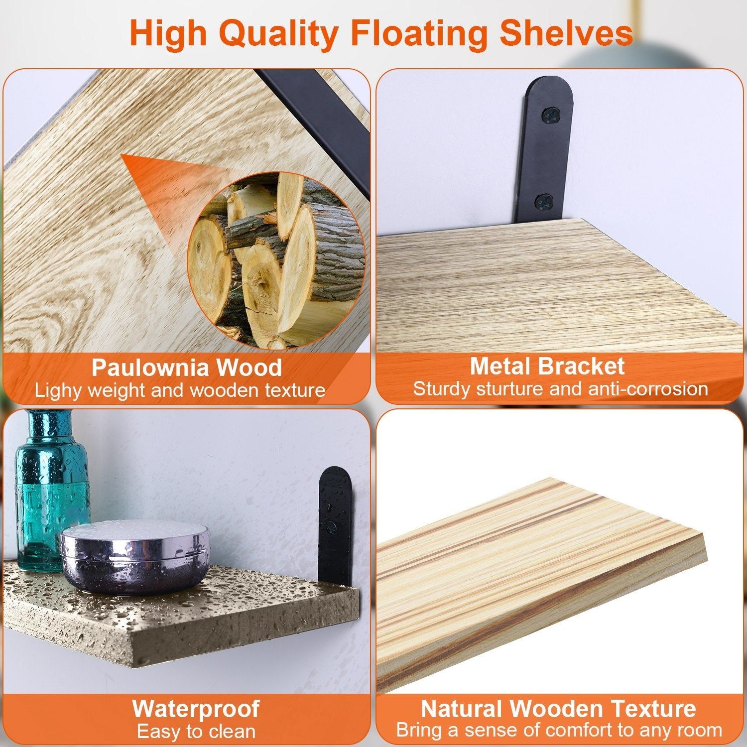 6 Set Wood Floating Shelves with Metal Wall Brackets