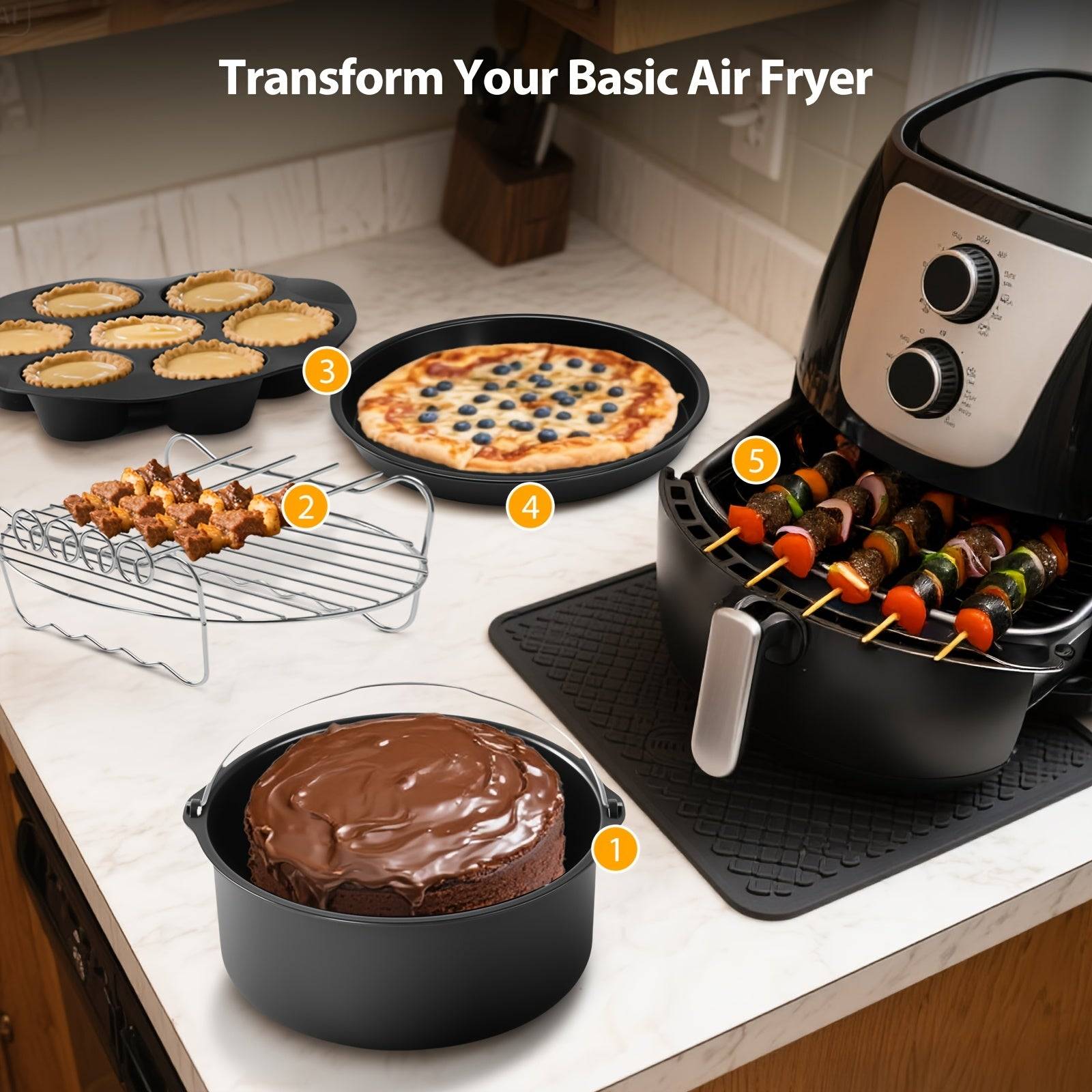 7-Piece Air Fryer Accessories Set 8" Egg Bites Mold, Pizza Pan, Cake Barrel, Skewer Rack & Silicone Mat Nonstick & Dishwasher Safe for 3.5Qt–5.8Qt Air Fryers