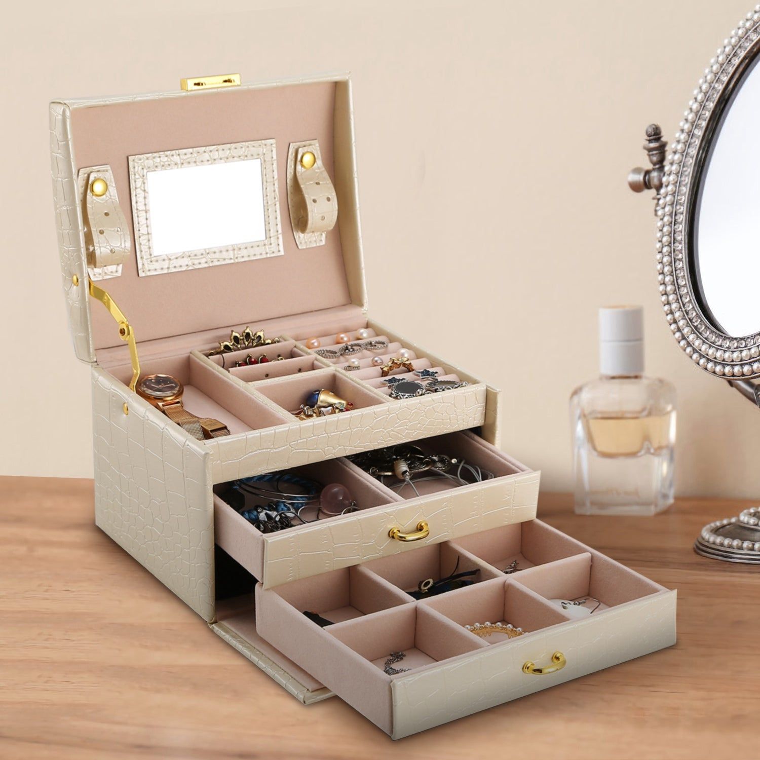 3 Layer Lockable Jewelry Box Organizer with Mirror