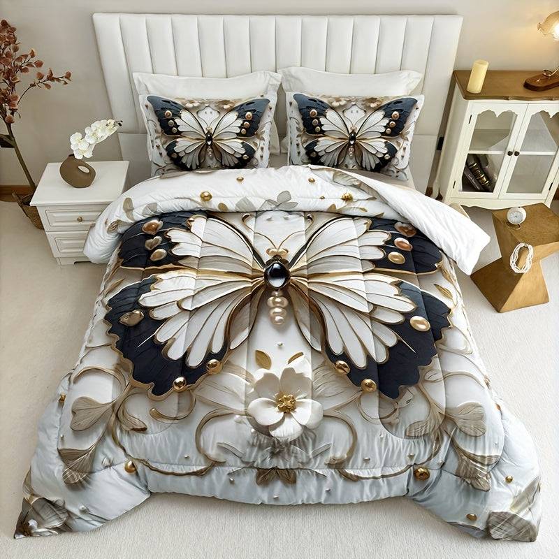 3-Piece Butterfly & Flower Quilt Set – Black & White Digital Print Comforter with Pillowcases
