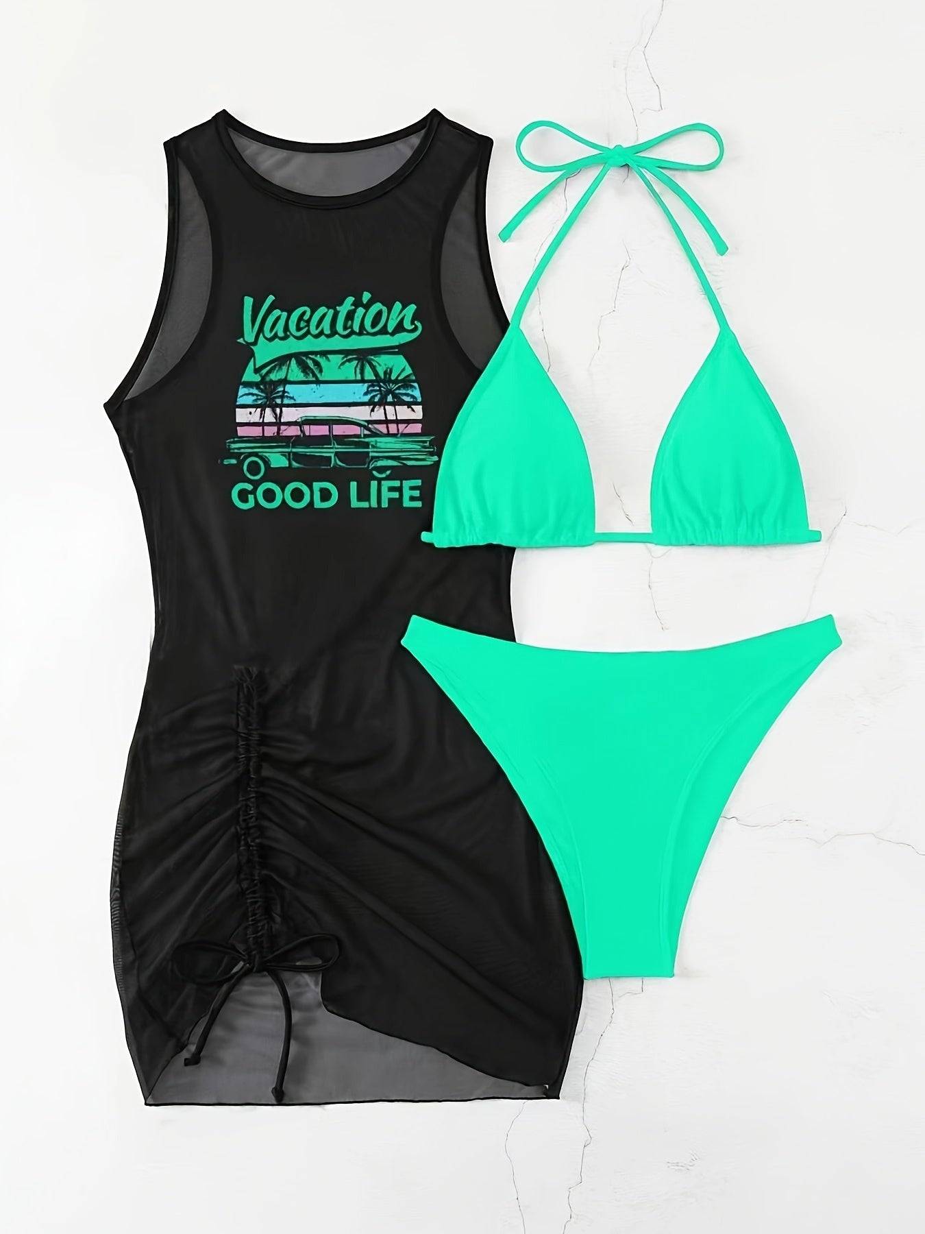 Women’s Knot-Tie Bikini Set in neon green with crisscross tummy control and detachable straps, paired with a black mesh cover-up dress featuring 'Vacation Good Life' print.