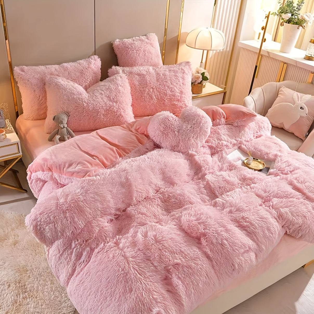 4-Piece Fluffy Bedding Set, Soft Comforter Set with Duvet Cover, Bed Sheet and 2 Pillowcases, Queen/King Size