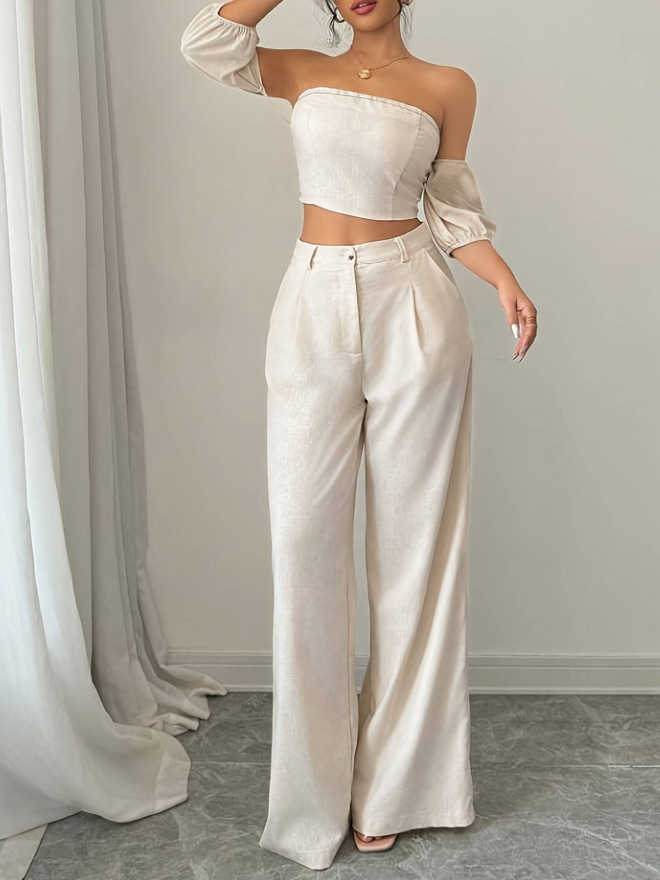 2-Piece Women’s Outfit Set – Solid Color Top and Casual Trousers Suit for Daily Wear & Versatile Fashion