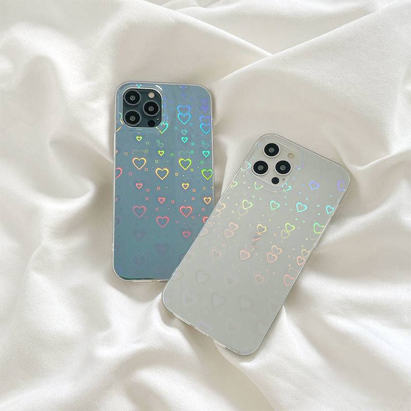 Laser colorful silicone phone cases with heart motifs in rainbow hues, designed for smartphones with durable love protection and glossy finish.