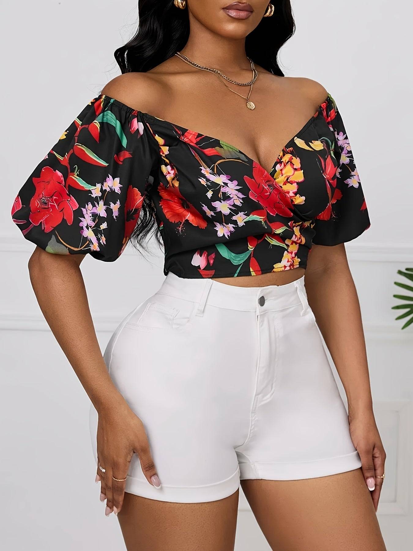 Women’s Off-Shoulder Floral Blouse – Wrap Bust, Lantern Sleeves, Elegant All-Season Top