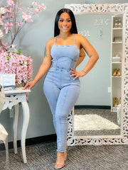 Casual Slim Sexy Backless Bandage Suspenders Denim Jumpsuit - PMMNAPOLES