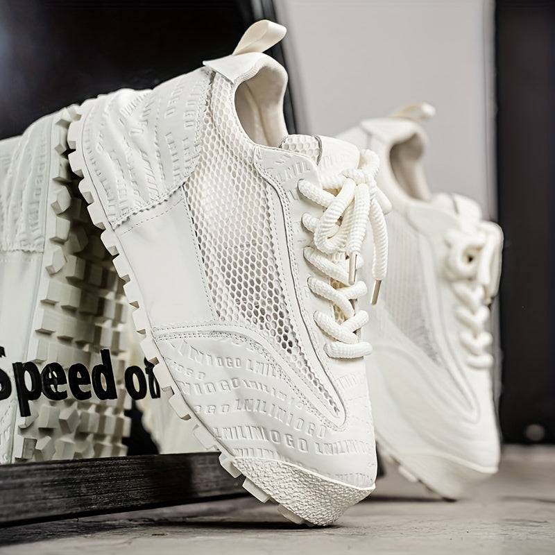 Men's plus size mesh sneakers with lace-up, mid-top, thick non-slip rubber sole, durable PU upper and cushioning, all-season comfort.