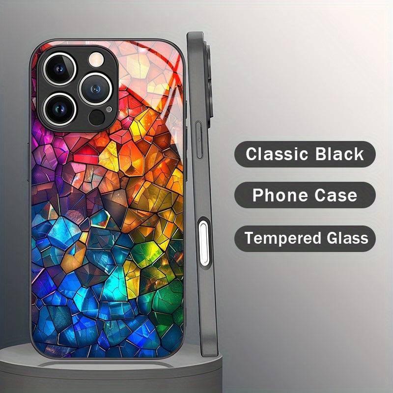 Colorful Glass Splicing Phone Case Fashionable Tempered Glass Protective Cover Anti-Fall & Anti-Fouling Design for iPhone X–16 Pro Max