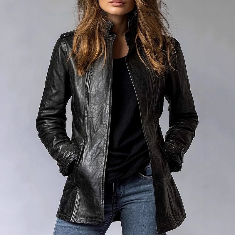 Vintage PU Leather Jacket with Stand Collar and Longline Fit