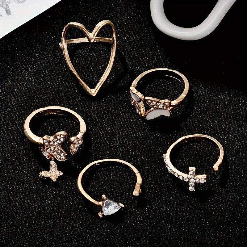5-Piece Golden Retro Ring Set Minimalist Butterfly & Heart Design with Rhinestones for Daily & Special Occasions