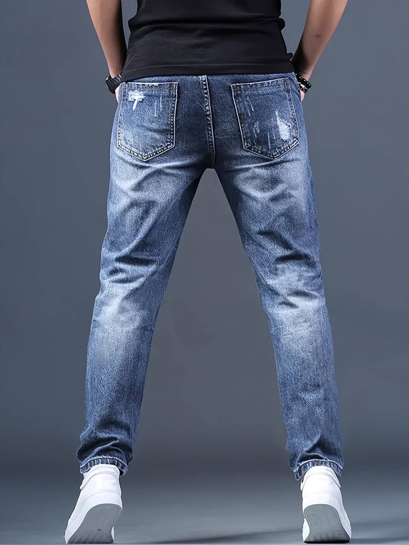 Men’s Straight Leg Ripped Jeans Non-Stretch Denim Frayed Hem Blue Street Style for All-Season Wear