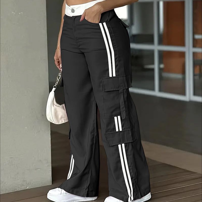 Striped Straight Leg Pants with Button Zip Closure