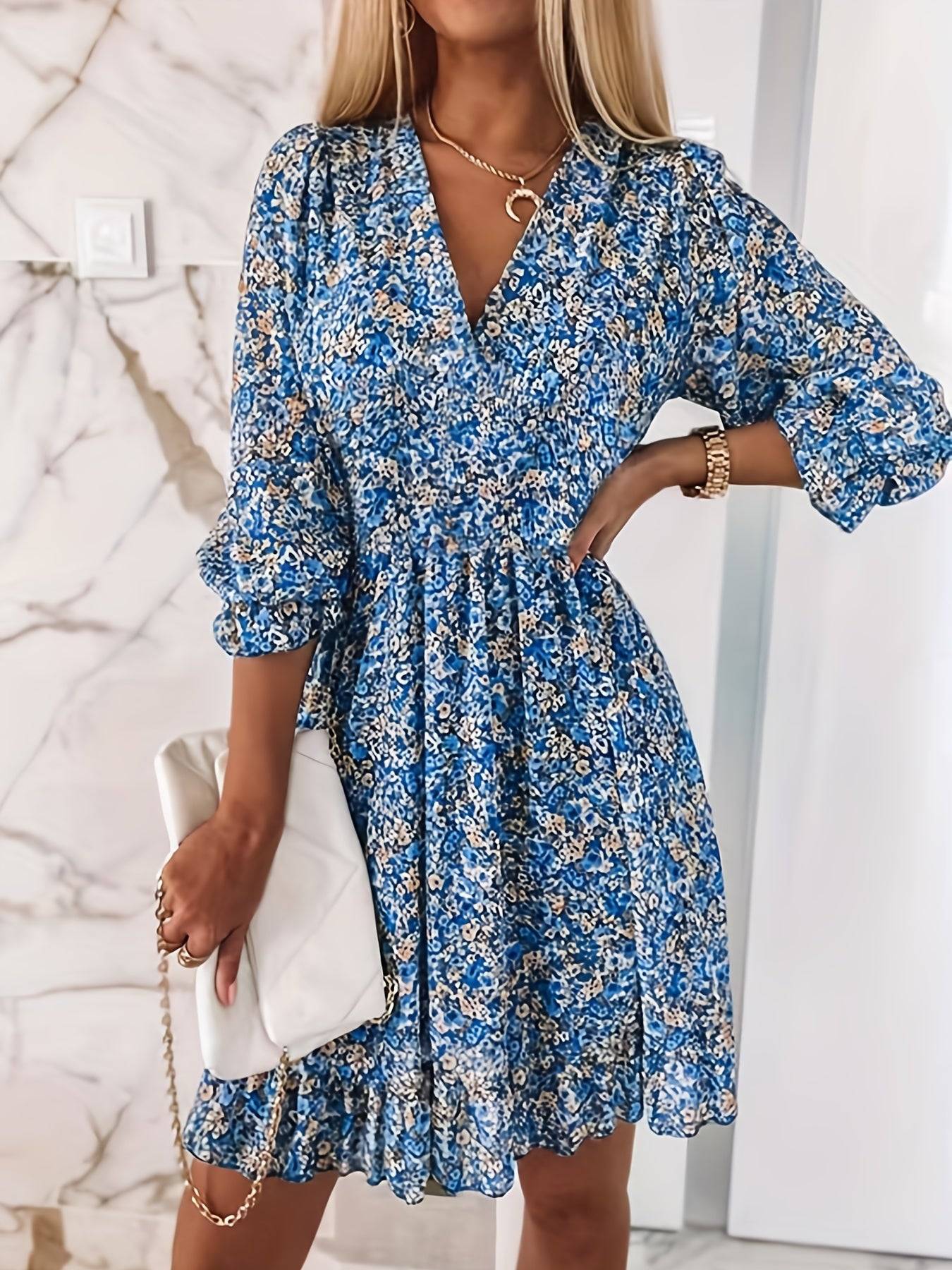 Floral V Neck Dress with Ruffle Sleeves