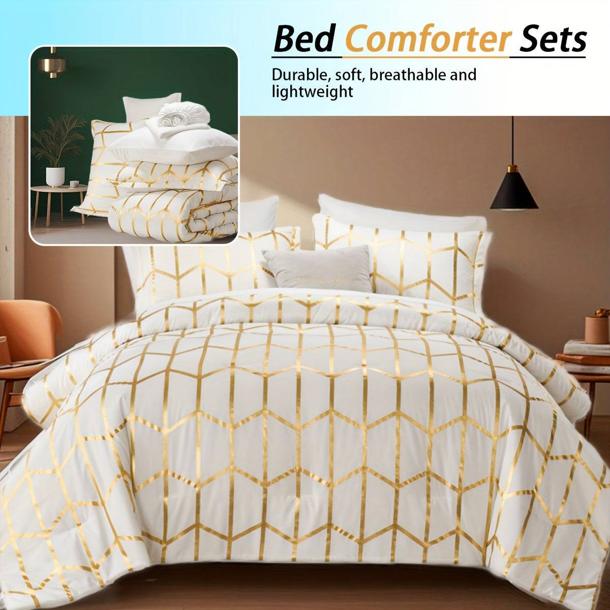 5/7-Piece Golden Foil Comforter Set, Soft Microfiber Queen Bedding with Pillowcases and Sheets, All-Season Easy-Care