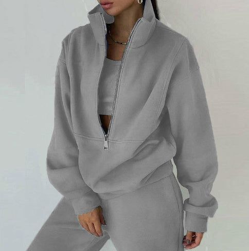 Women Two Piece Set Fleece Solid Color Casual Suit