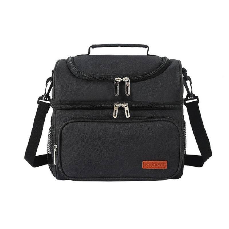 Black insulated lunch bag with ice pack, featuring dual zippers and side mesh pockets. Portable cooler tote for cold food storage on the go.