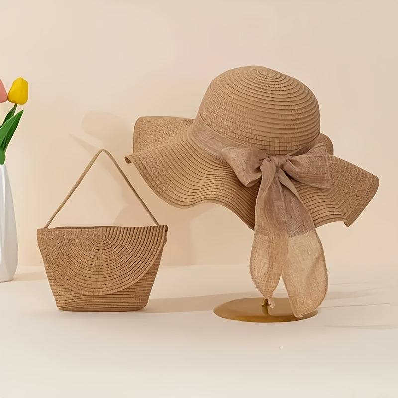 2-Pack Women’s Beach Set – Khaki Sun Hat & Woven Shoulder Bag for Summer Vacations