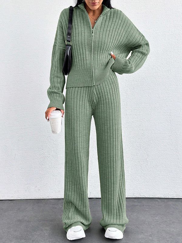 Women's Casual Two-Piece Set for Fall and Winter, Loose Fit Zip-Up Top and Pants