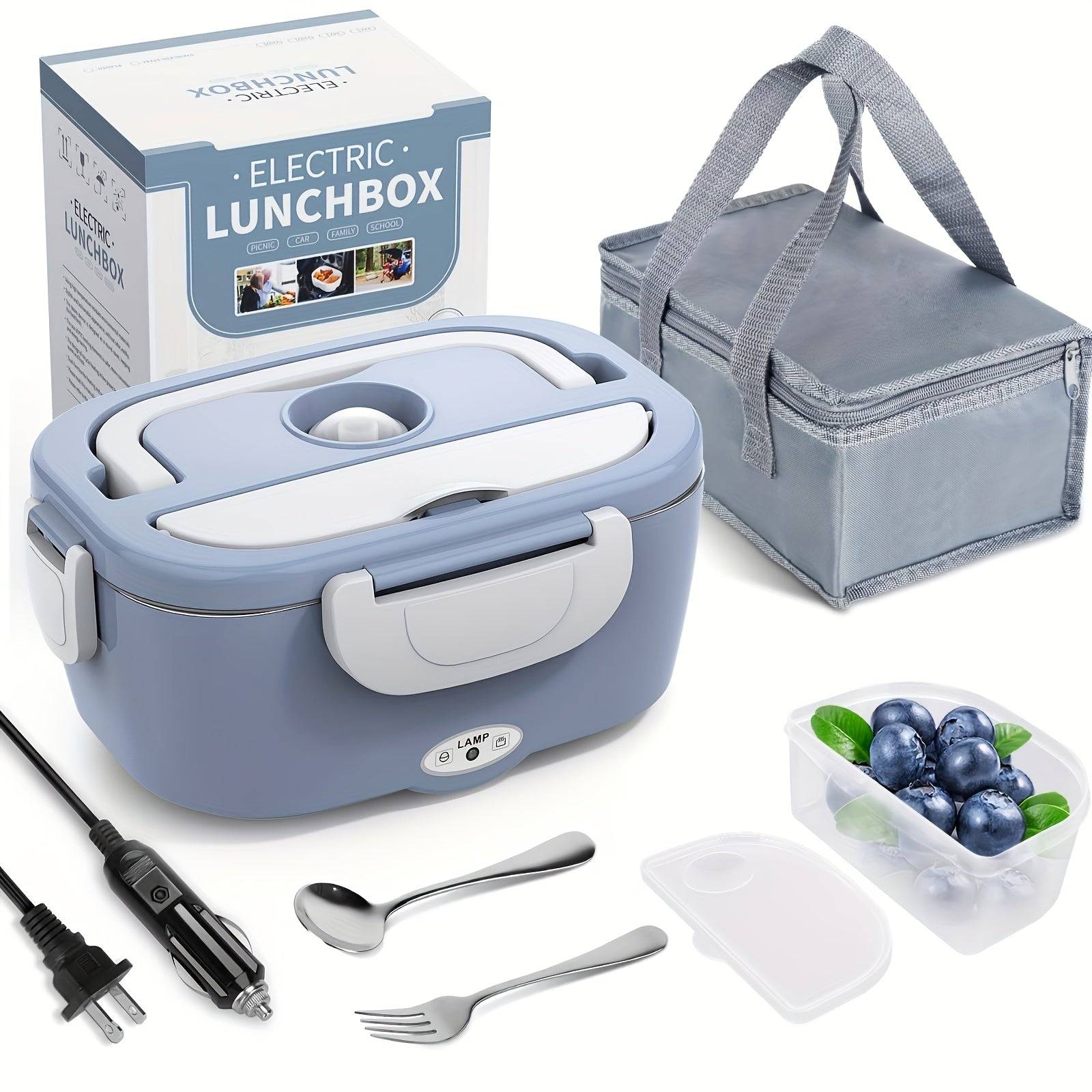Electric Lunch Box Food Warmer 3-in-1 Portable Heated Lunchbox for Adults 12V/24V/110V with Fork, Spoon & Insulated Carry Bag for Car, Truck & Office