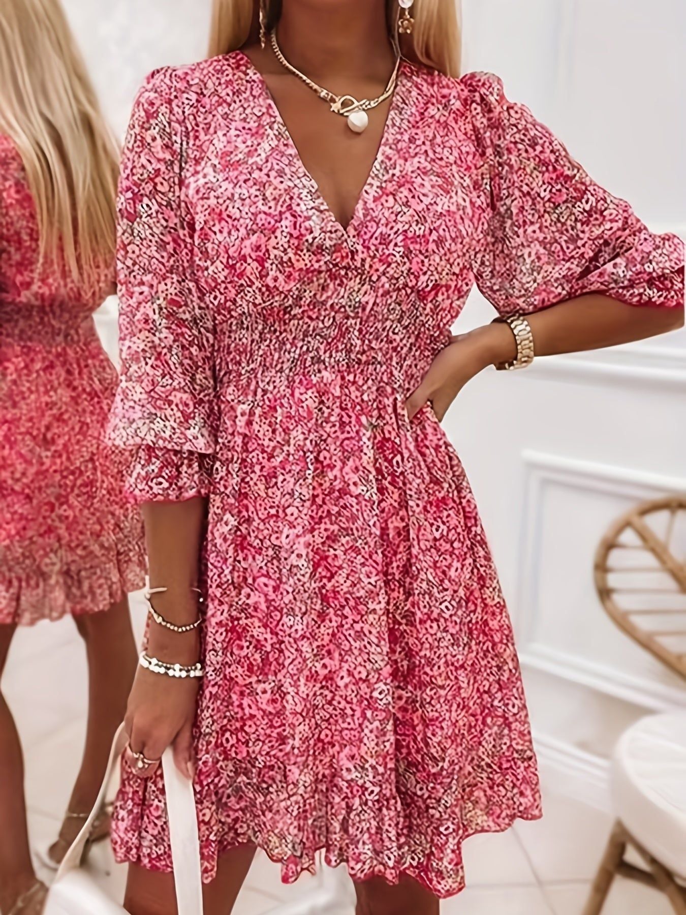 Floral V Neck Dress with Ruffle Sleeves