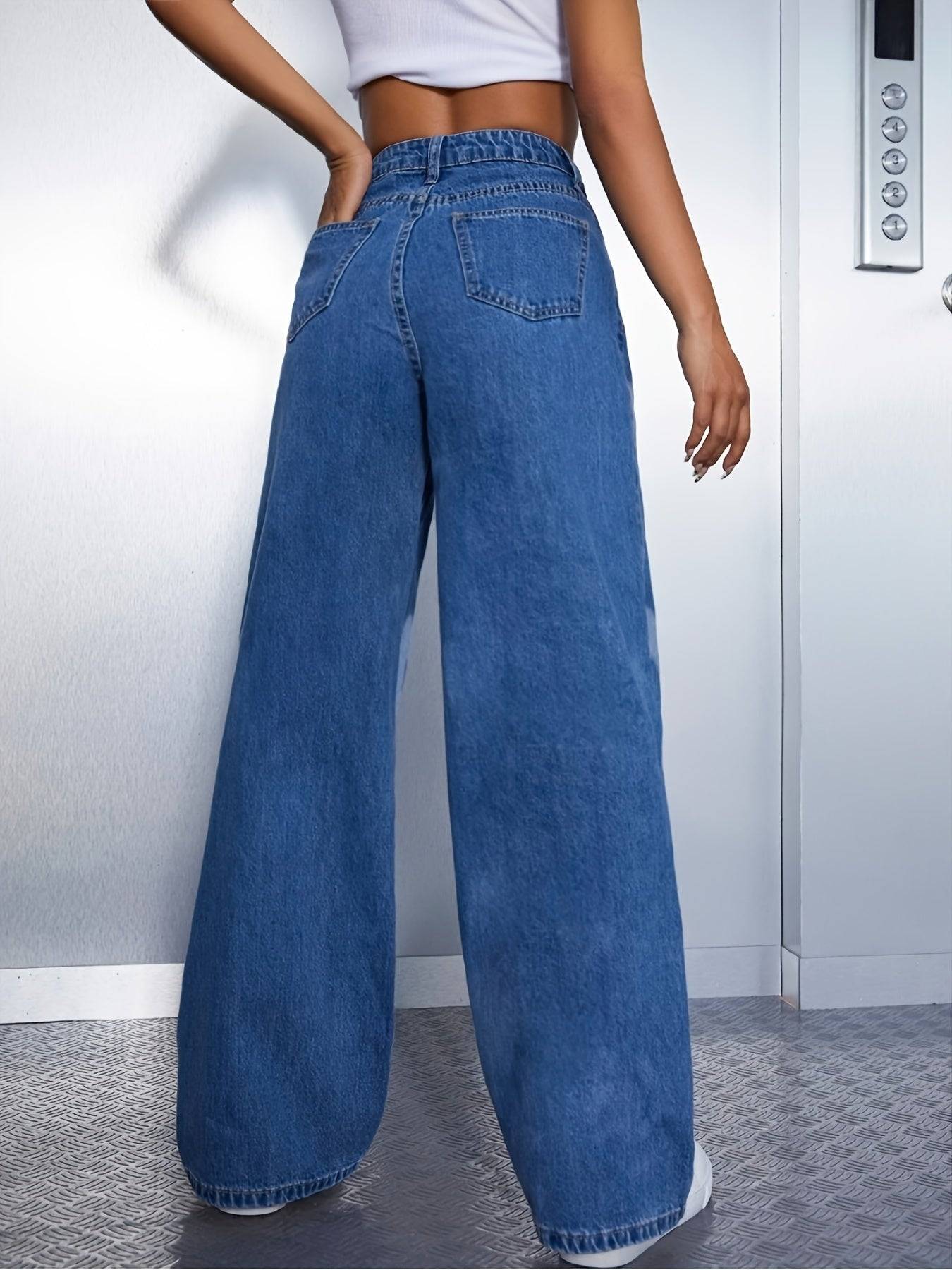 Women’s High-Waisted Wide-Leg Jeans Light Blue Denim with Heart Print Casual Loose Fit