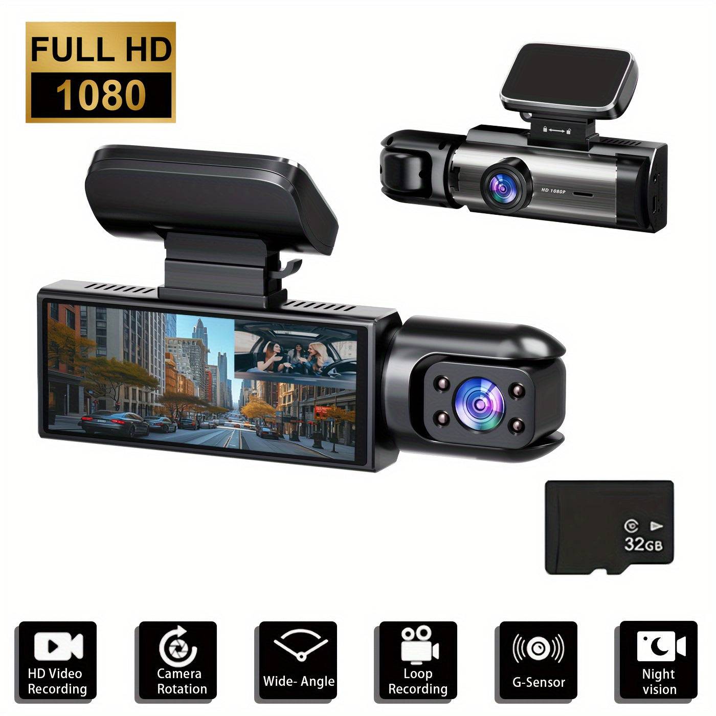 1080P dual dash cam with front and cabin cameras, IR night vision, loop recording, wide-angle lens, 3.16" IPS screen