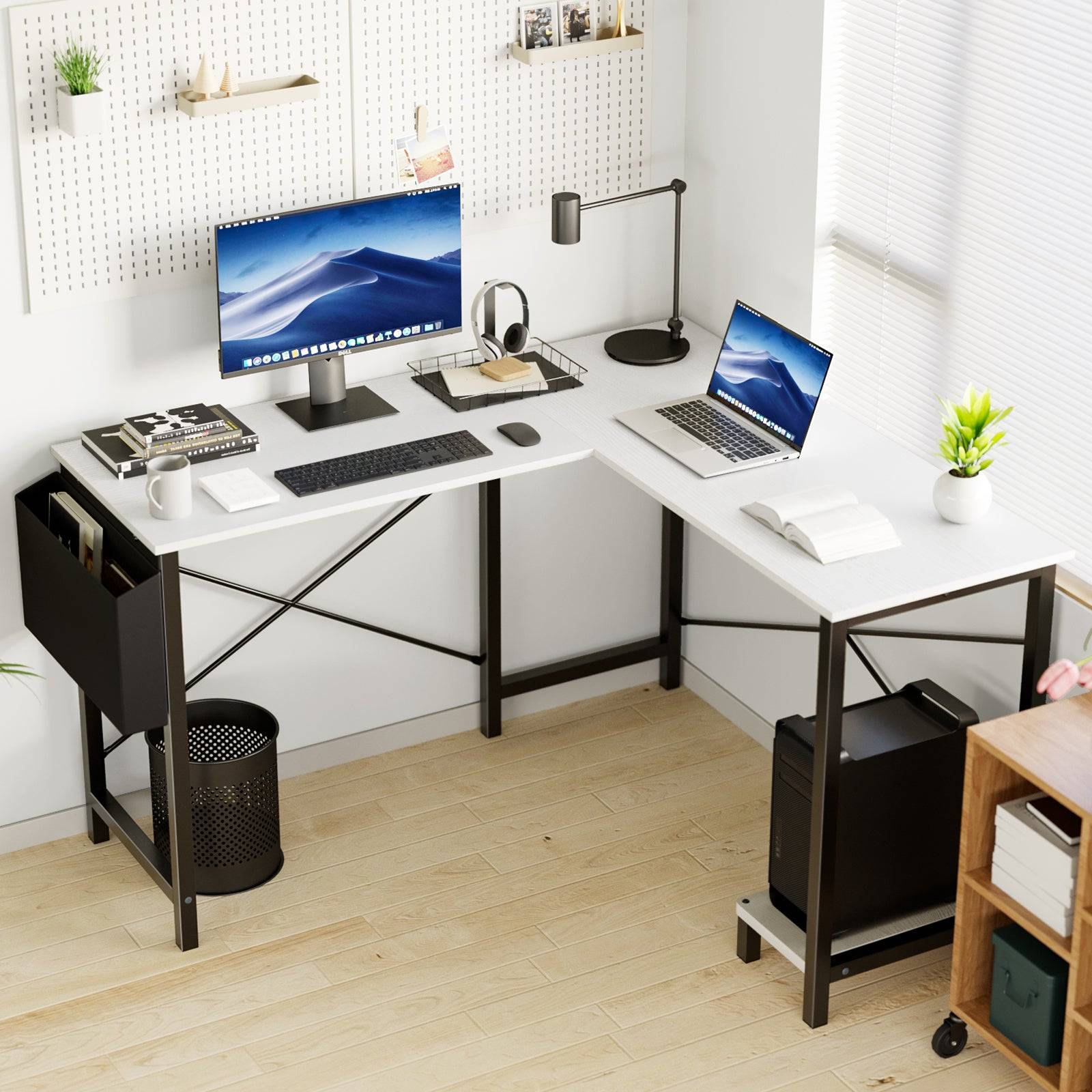 Computer Desk 49 Inch L Shaped MDF Wood Steel Frame Shelf