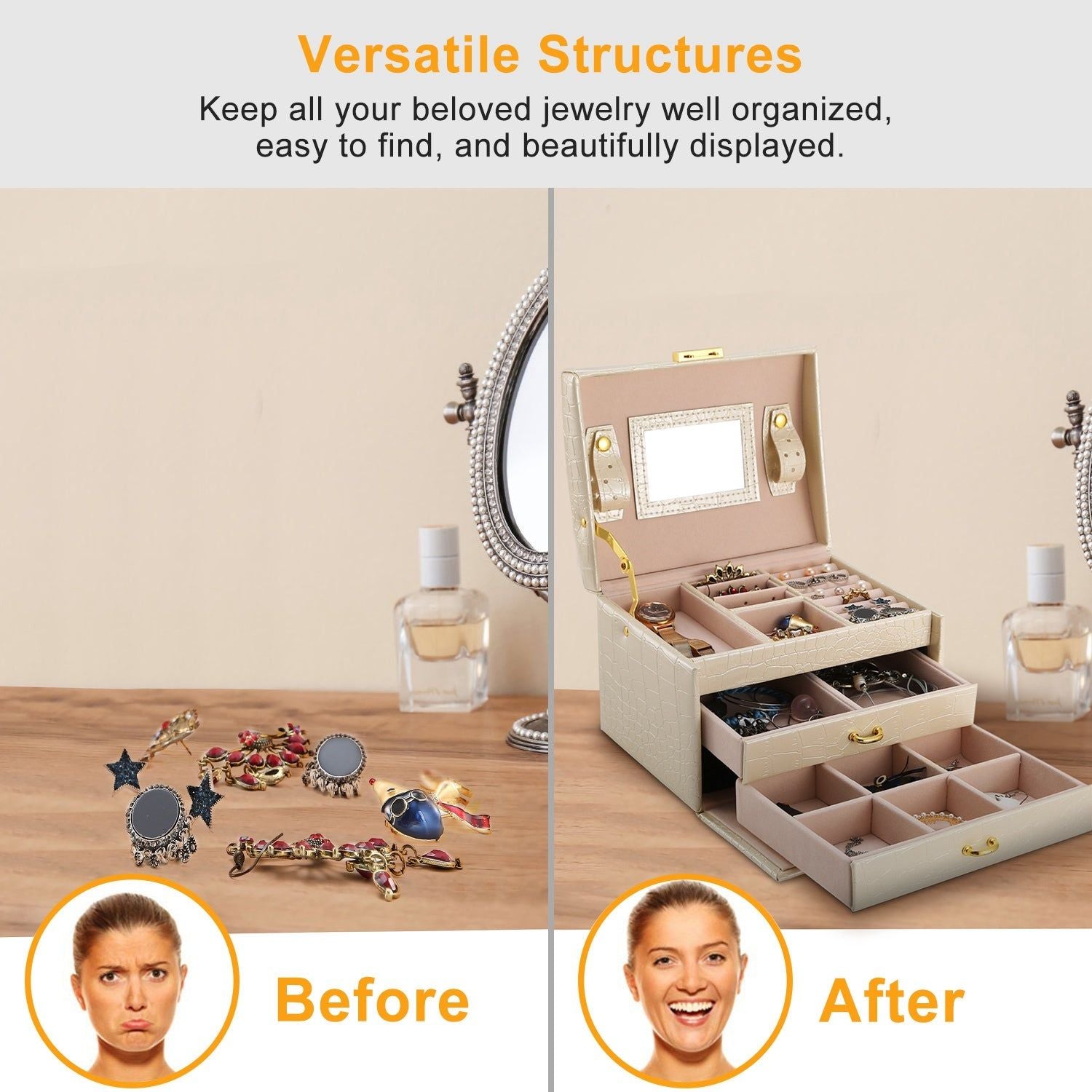 3 Layer Lockable Jewelry Box Organizer with Mirror