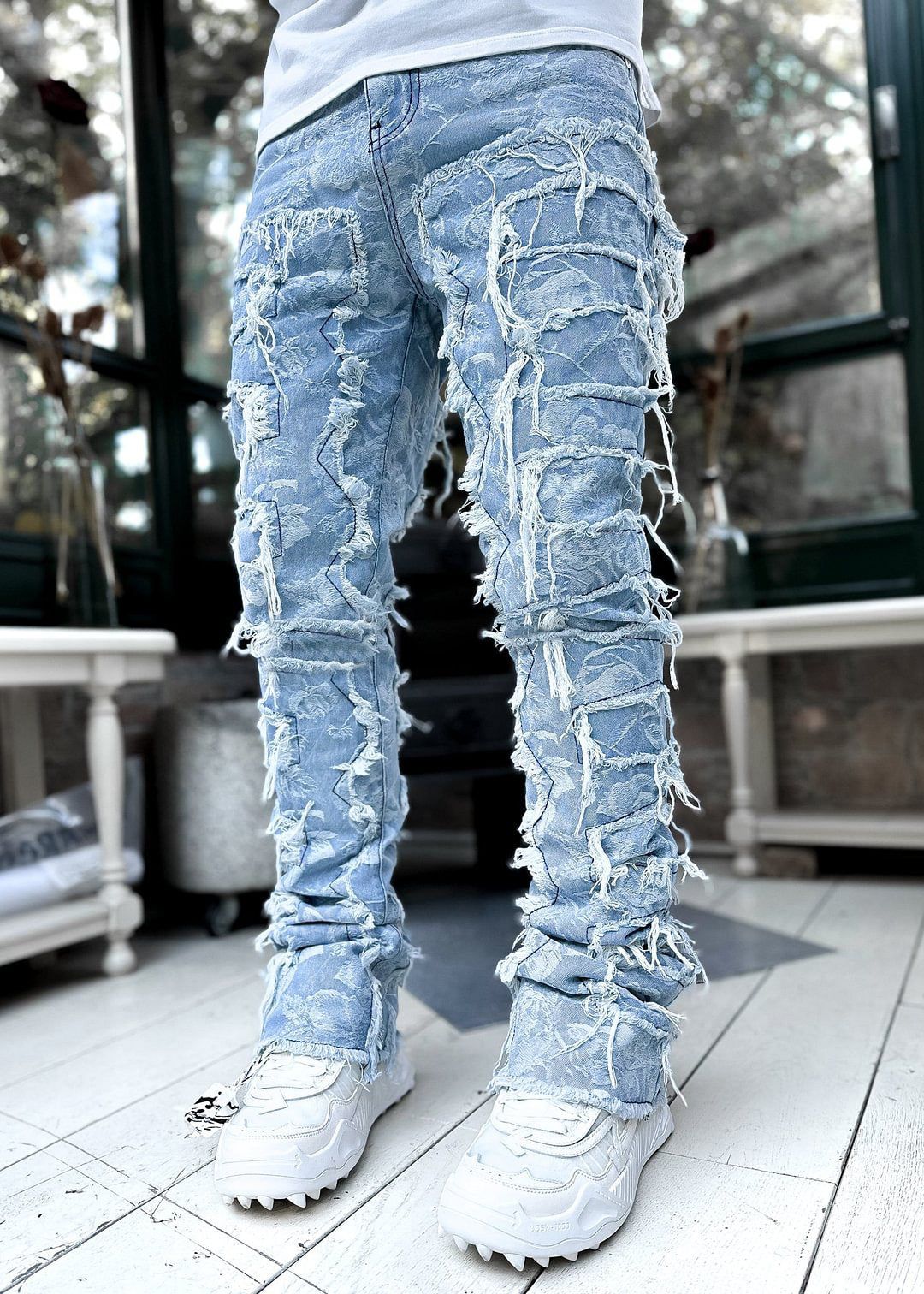 Men’s Stacked Slim Jeans with Patchwork Cotton Denim
