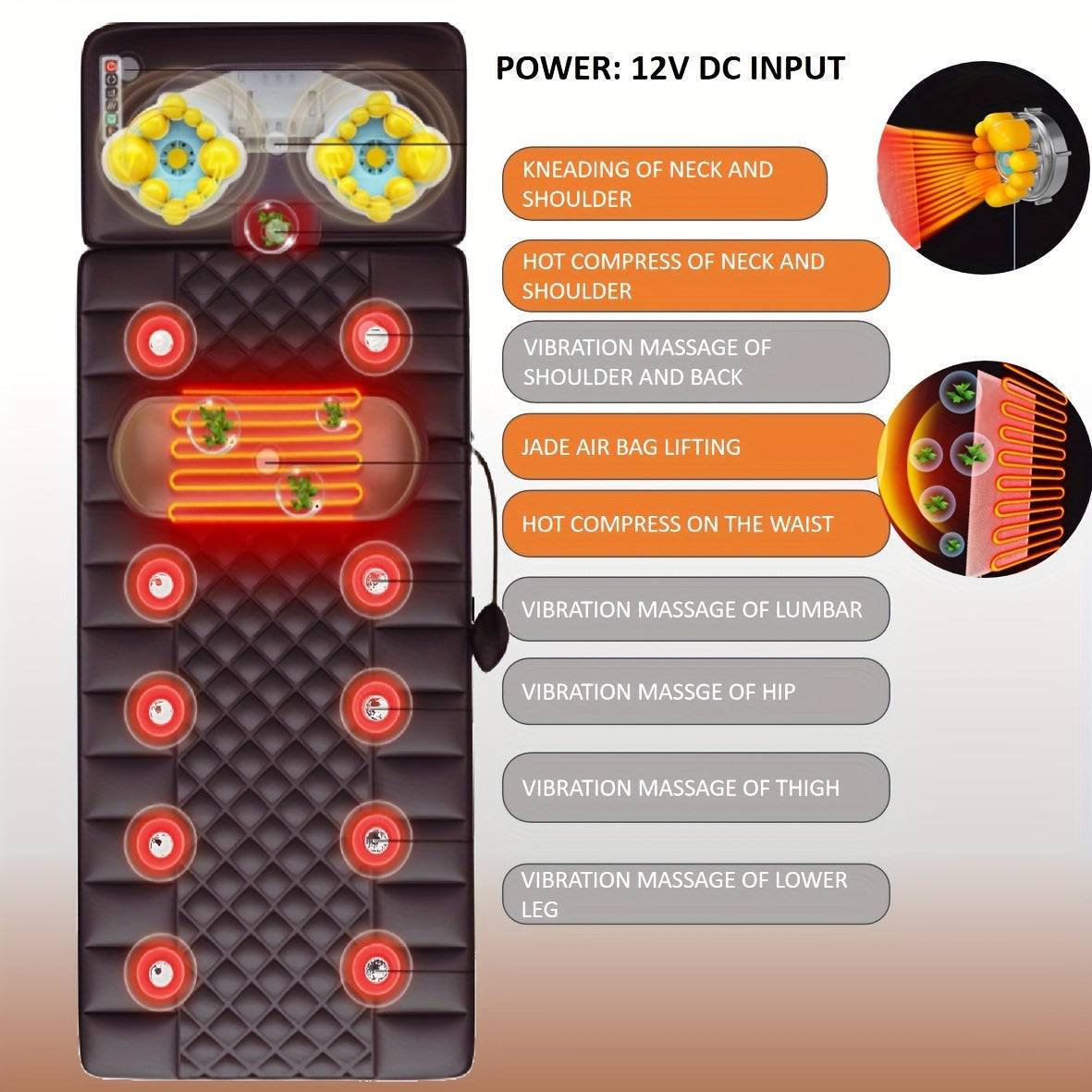 Full Body Massage Mattress – 10-Zone Vibration with Kneading & Heat Therapy, Acupressure Design, 12V Safe Voltage, Gray Velvet