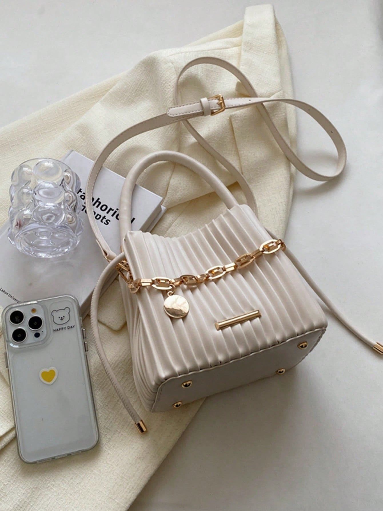 Women Tote Bag Pleated Chain Bucket Shoulder Handbag