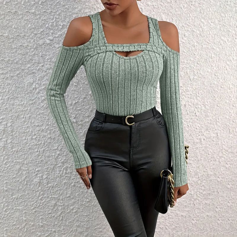Women’s Ribbed Long Sleeved Top with Front Cut Out
