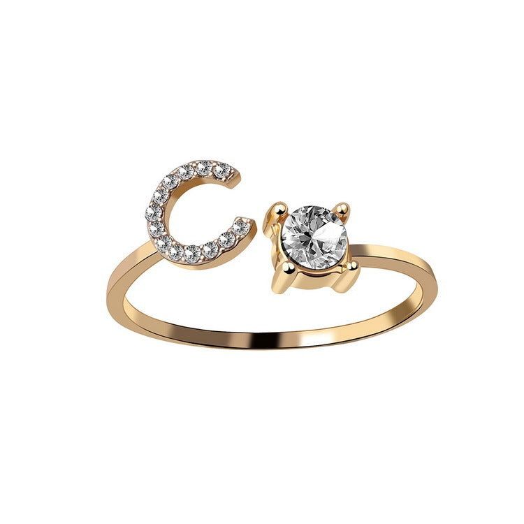 Adjustable Letter Ring with Zircon 26 Initial Design Women