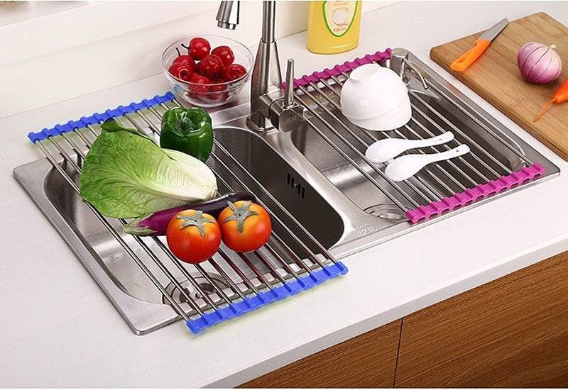 Folding Sink Drainer Stainless Steel Roll Up Kitchen Rack