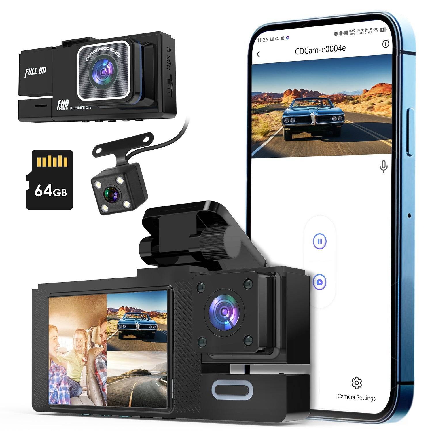 3 Channel Dash Cam 1080P WiFi with 64GB Card