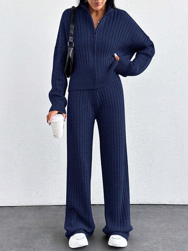 Women's Casual Two-Piece Set for Fall and Winter, Loose Fit Zip-Up Top and Pants