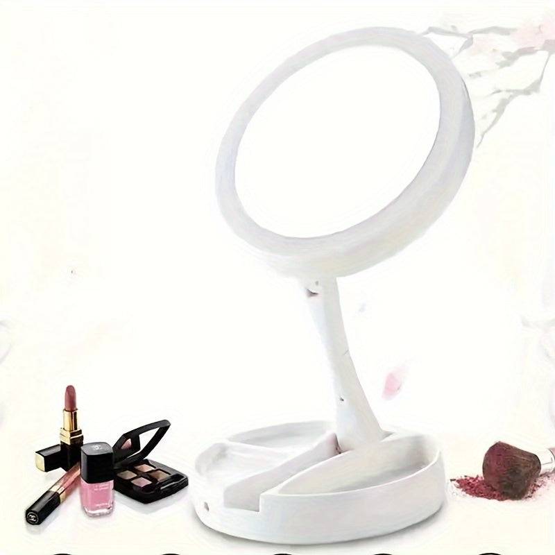 LED Makeup Mirror with Light, Double-Sided 1X/10X Magnification, Portable Travel Beauty Mirror with Storage Box, Battery Operated