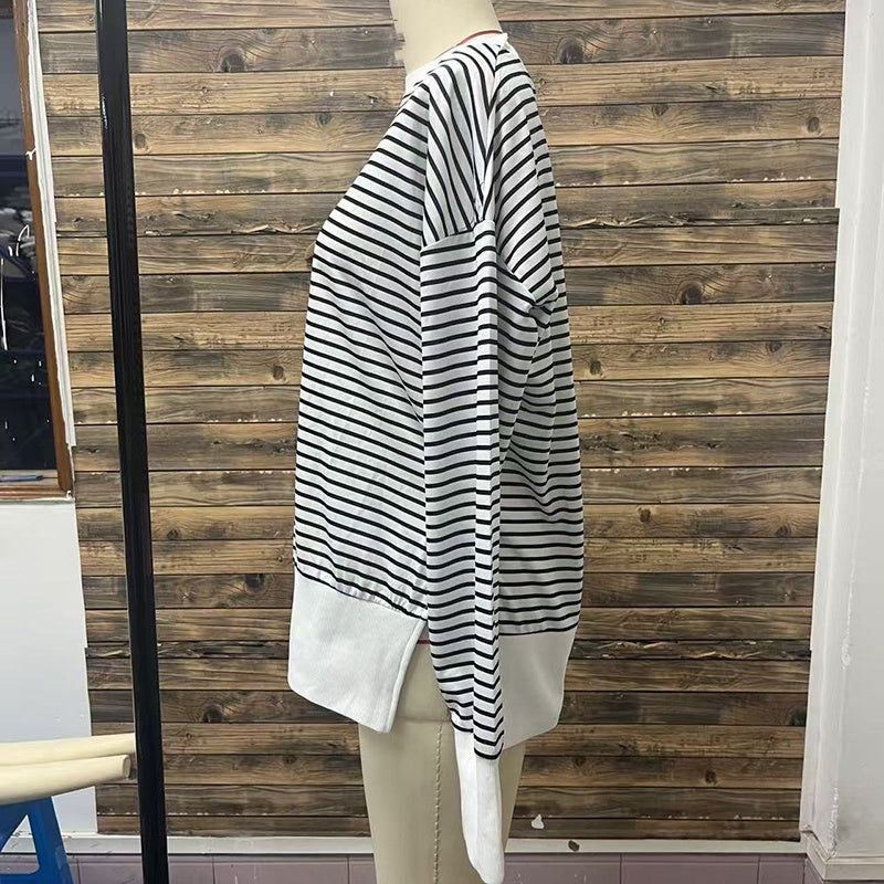 Striped Long Sleeve Sweatshirts with Side Slit Design