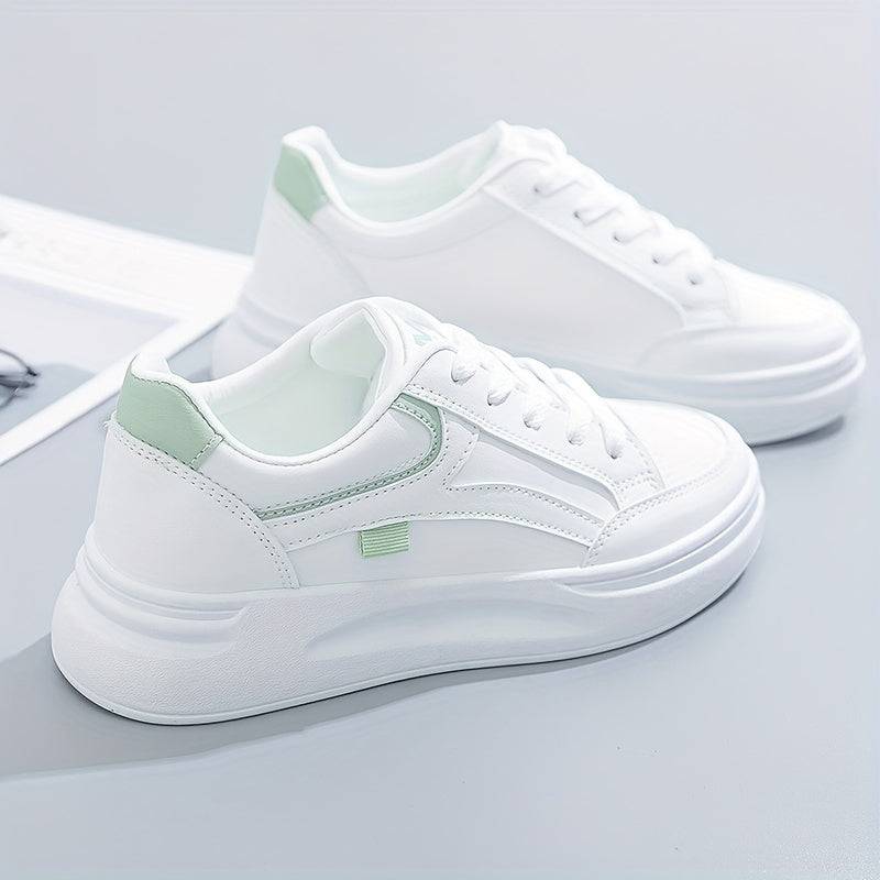 Women’s All-Season Lace-Up Sneakers – White Casual Shoes with Round Toe, Thick Platform Sole & Durable PVC Outsole