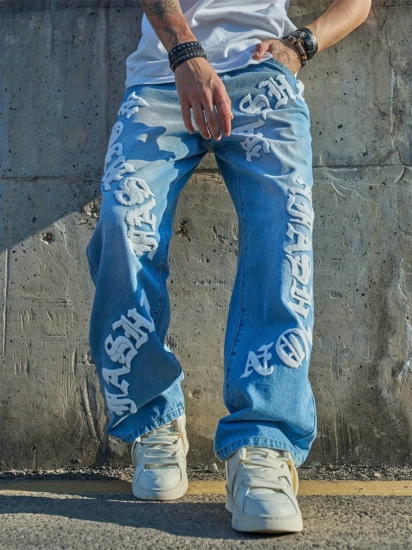 Men’s Loose Fit Jeans Light Blue Streetwear Style Straight-Leg Nonstretch Denim with Letter Print